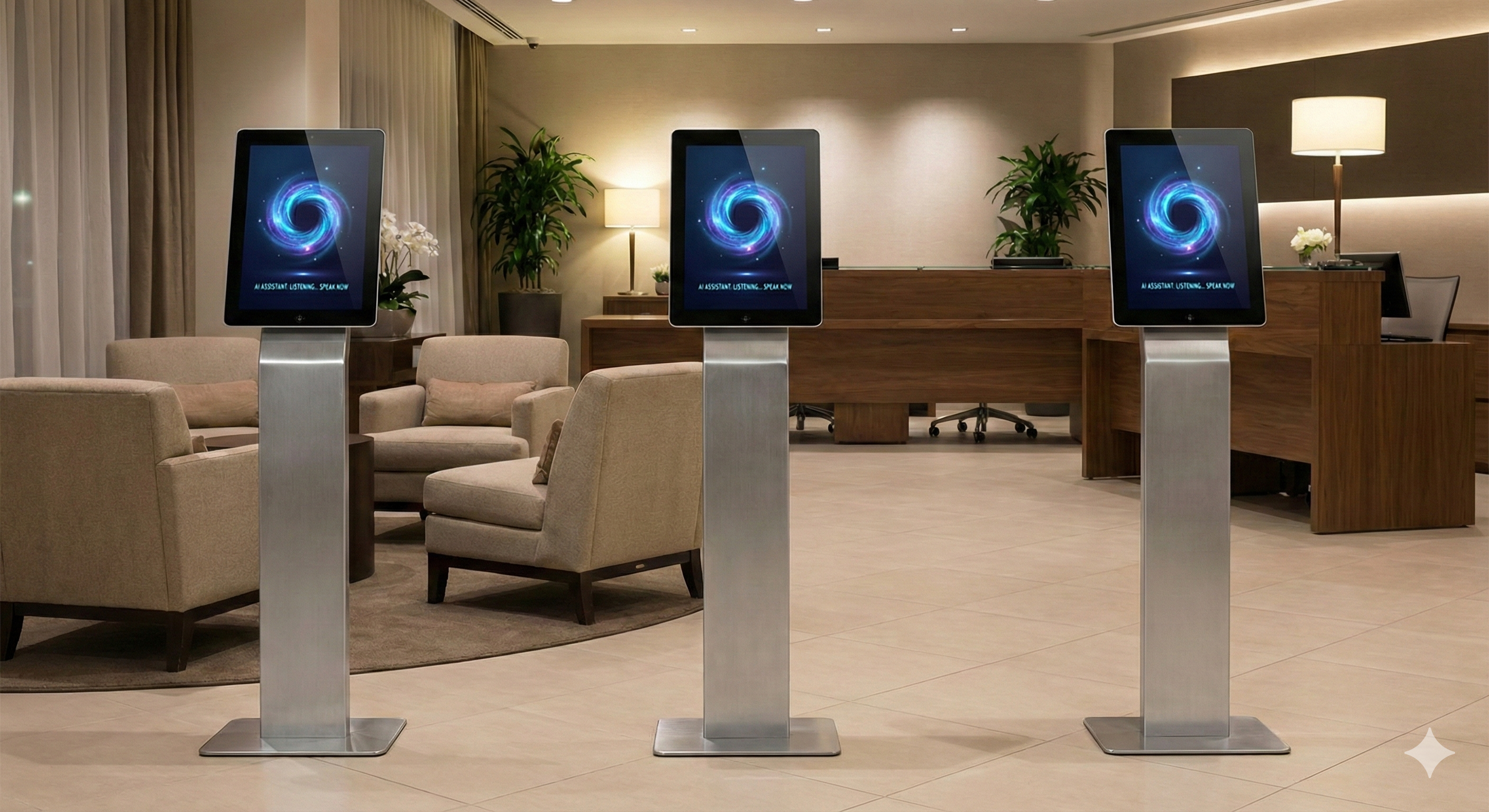 Three DiengAI kiosks in hotel lobby